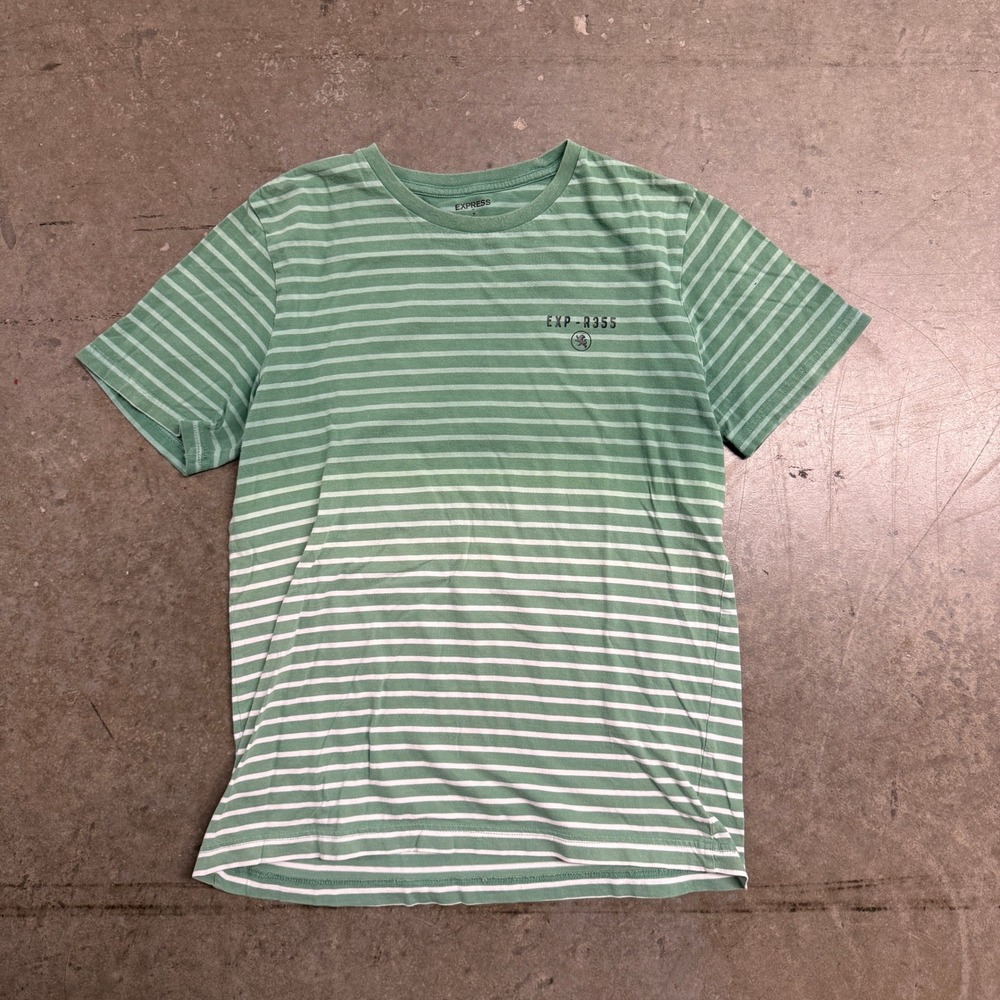 Express Mens Striped T-Shirt Green White Crew Neck Short Sleeve EXP-R355 Size M